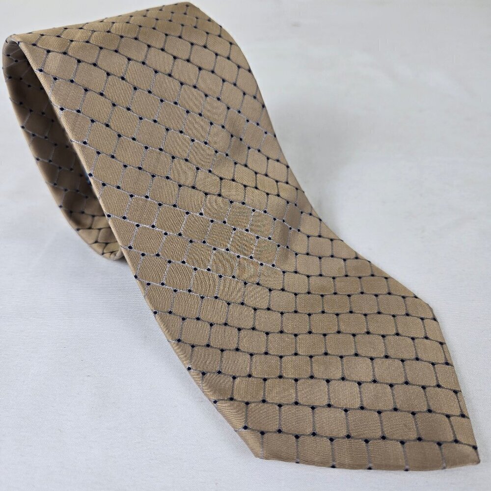 Tommy Hilfiger Men's Tie 100% Silk Cream w/ Navy Blue Dots Blue Skinny End